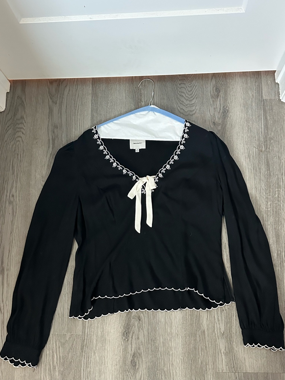 Reformation Black Top with White Embroidered Trim and Cream Tie